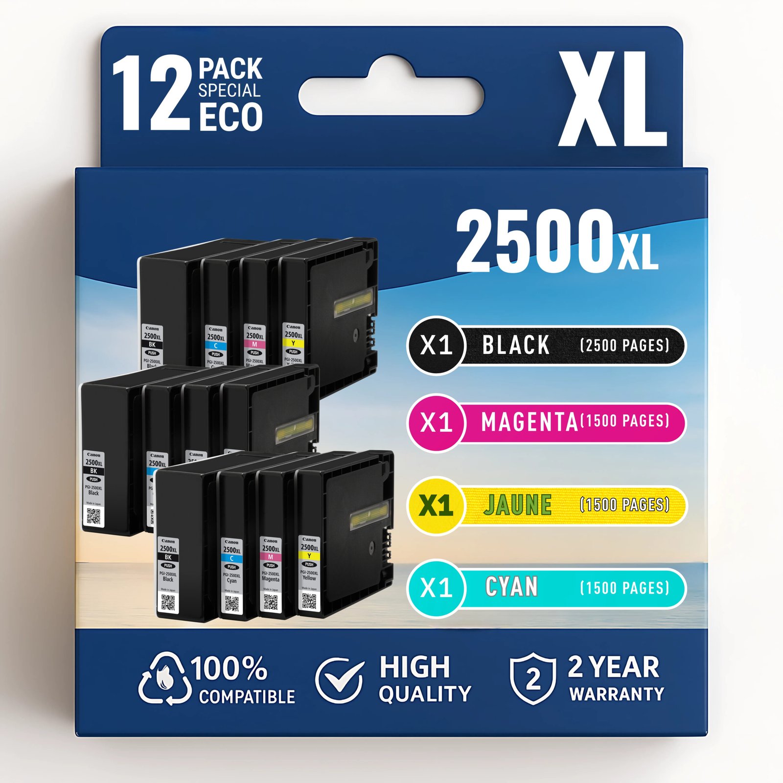 63 Pack 12 cartouches compatibles CANON PGI-2500XL – Image 1