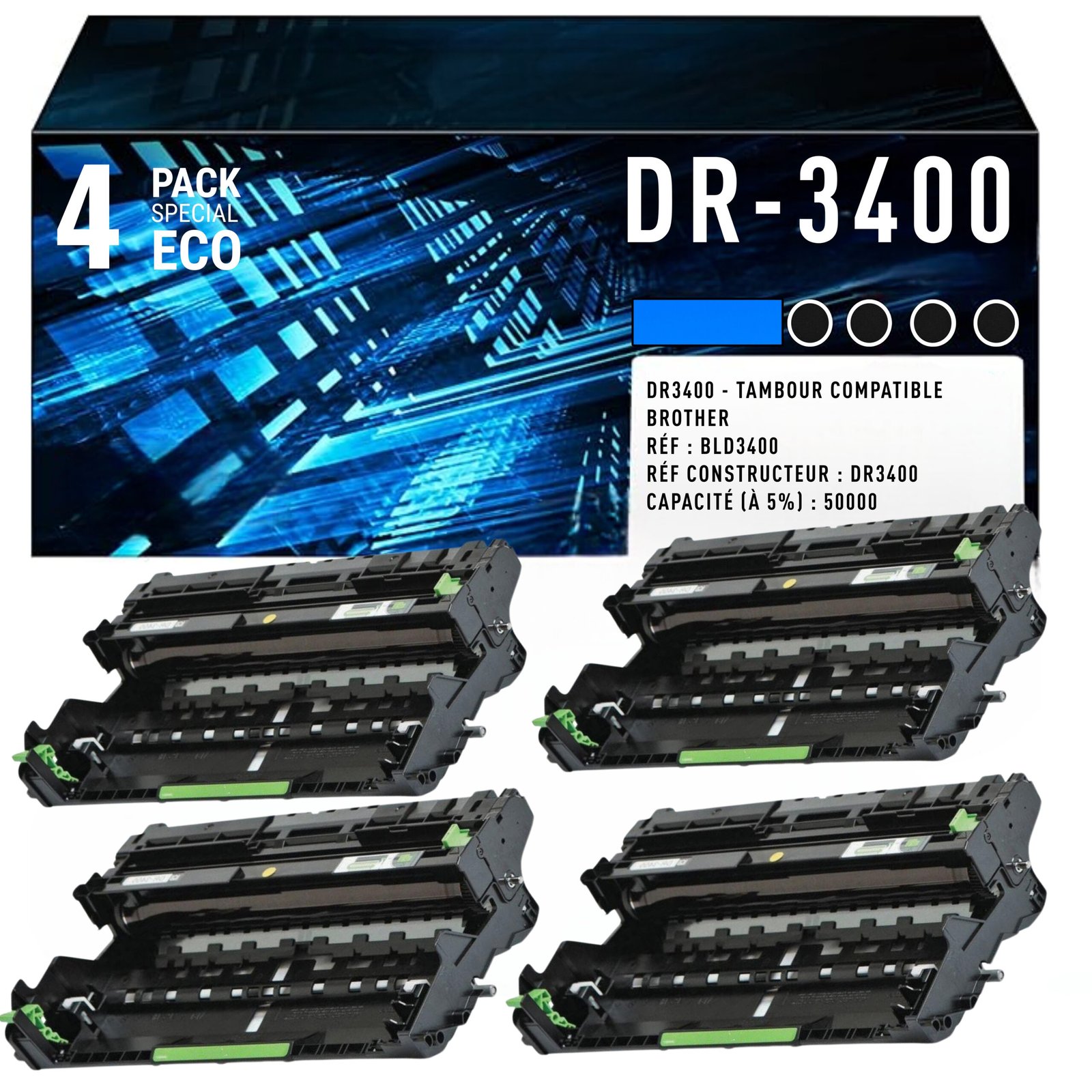 toner Pack de 4 Tambours Compatibles Brother DR-3400 – Rendement Élevé – Image 1