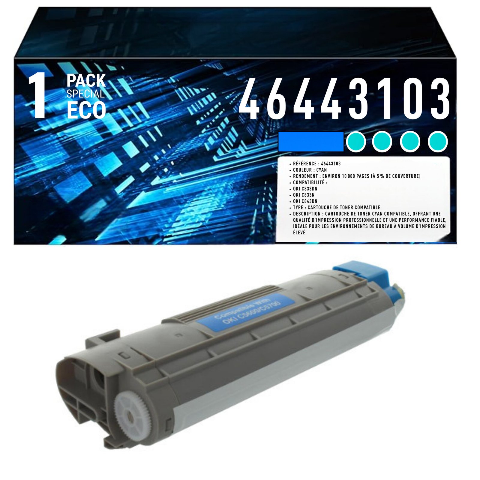 108 Toner compatible OKI 46443103 noir – 7000 pages C823 C833 C843