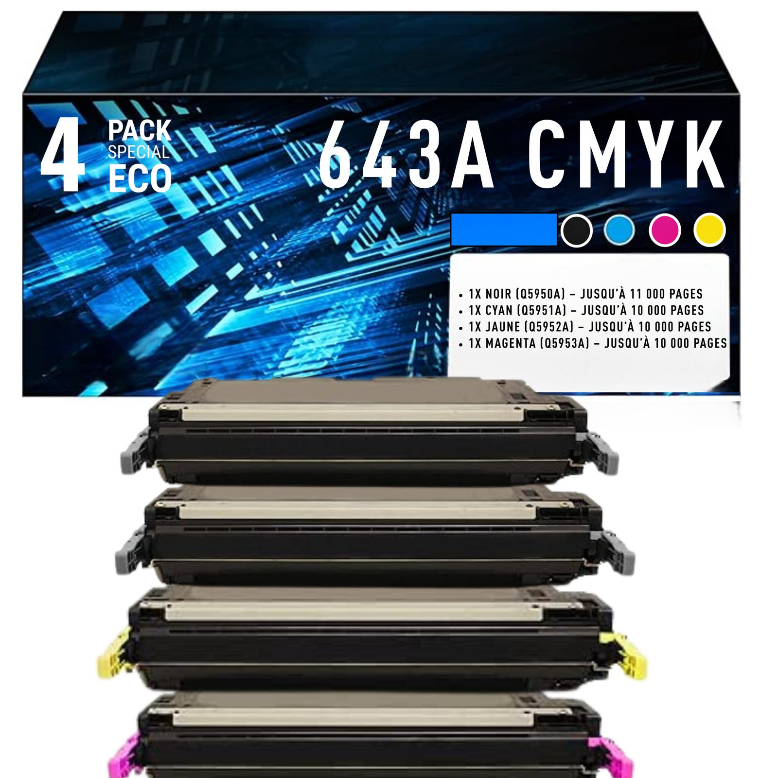 44 Pack de 4 Toners Compatibles HP 643A (Q5950A / Q5951A / Q5952A / Q5953A) – Noir, Cyan, Magenta, Jaune – Image 1