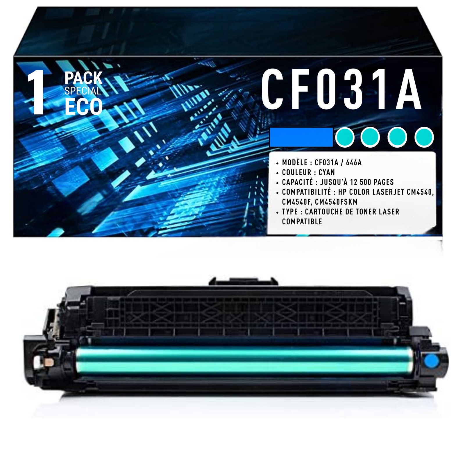 46 Cartouche de Toner Cyan Compatible HP 646A (CF031A) – 12 500 pages – Image 1