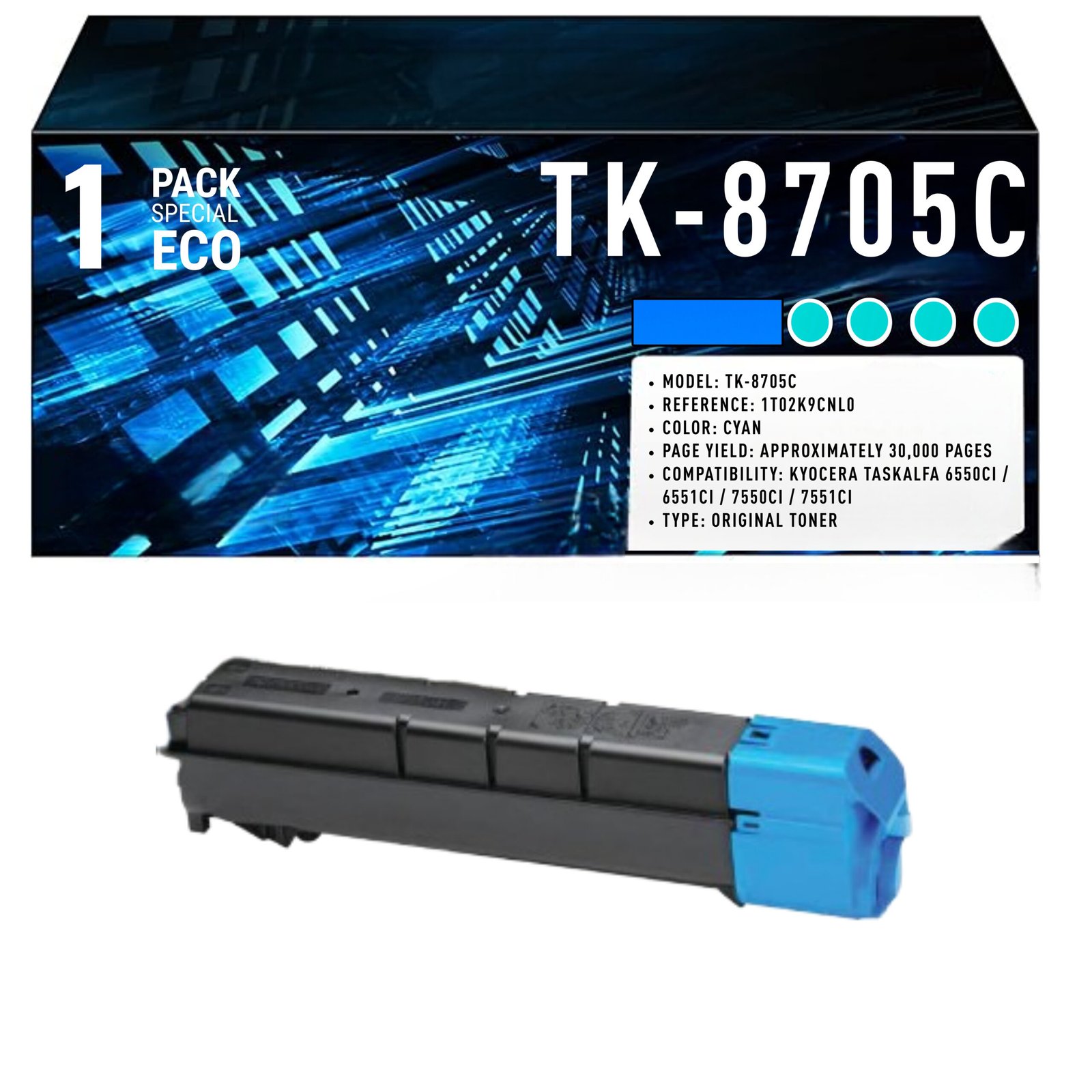 51 Cartouche de Toner Cyan Compatible Kyocera TK-8705C – 20 000 pages – Image 1