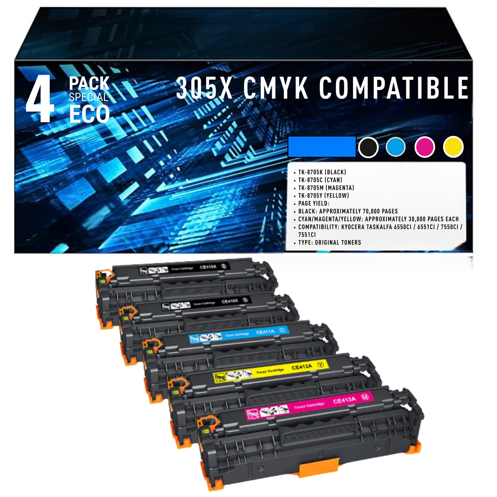 59 Pack de 4 Toners Compatibles HP 305X / 305A – Noir (CE410X), Cyan (CE411A), Jaune (CE412A), Magenta (CE413A) – Image 1