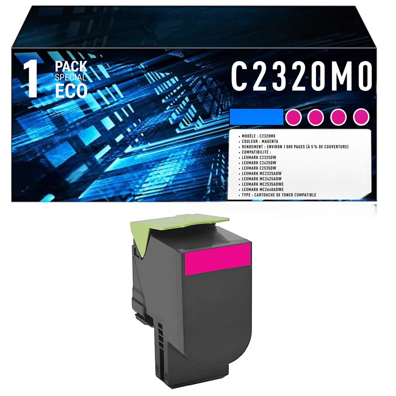 67 Cartouche de Toner Magenta Compatible Lexmark C2320M0 – 1 000 pages – Image 1