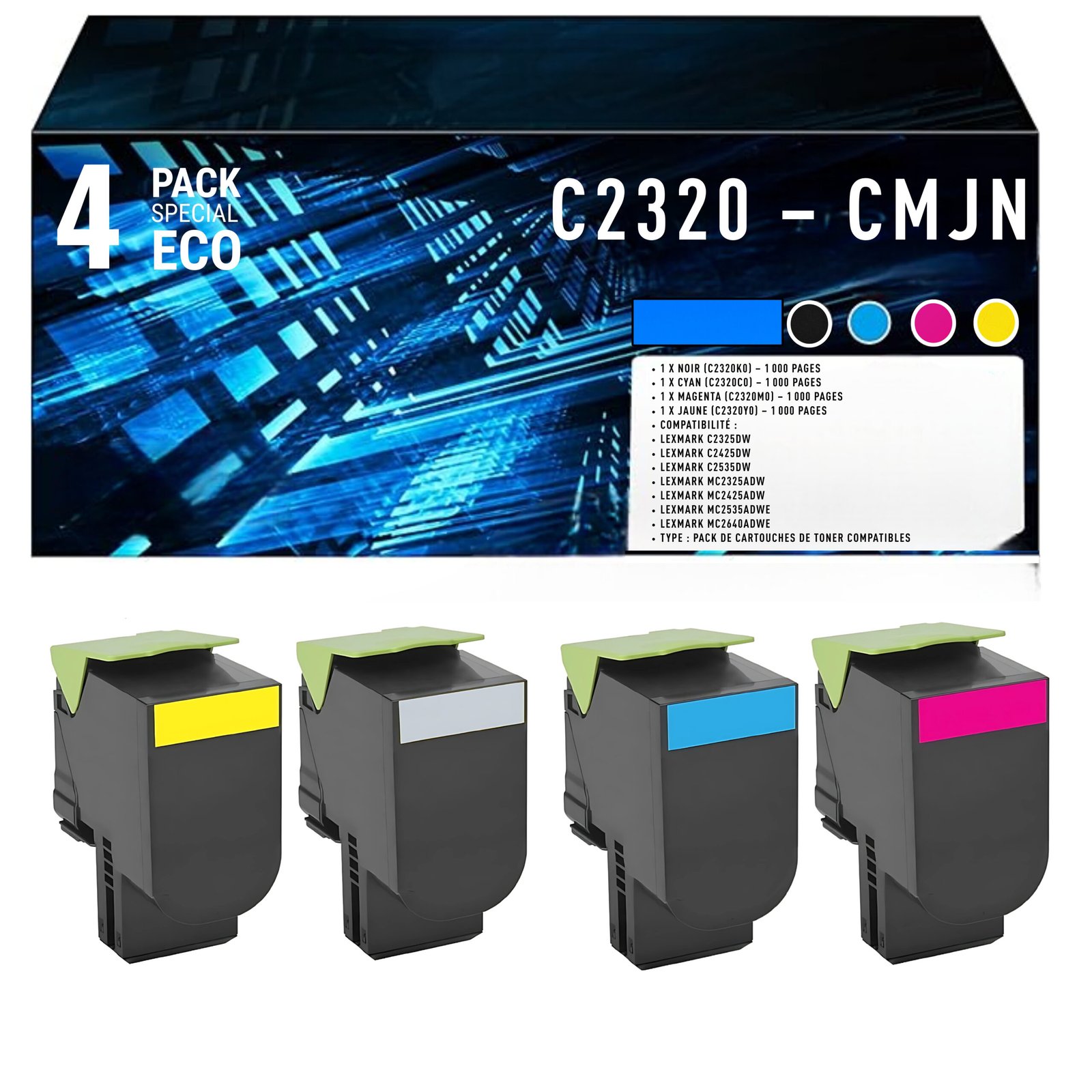 69 Pack de 4 Toners Compatibles Lexmark C2320 (C2320K0 / C2320C0 / C2320M0 / C2320Y0) – Noir, Cyan, Magenta, Jaune – Image 1