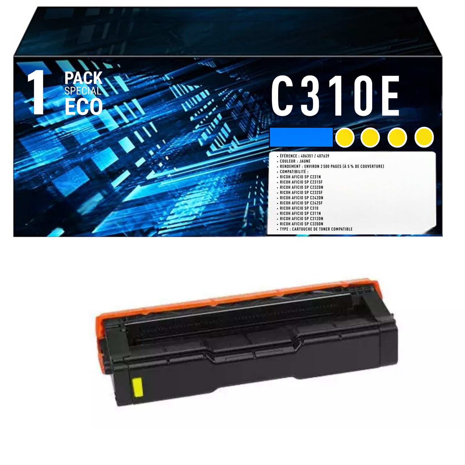 91 Toner compatible Ricoh C310E noir – 6500 pages P C311W M C251FW